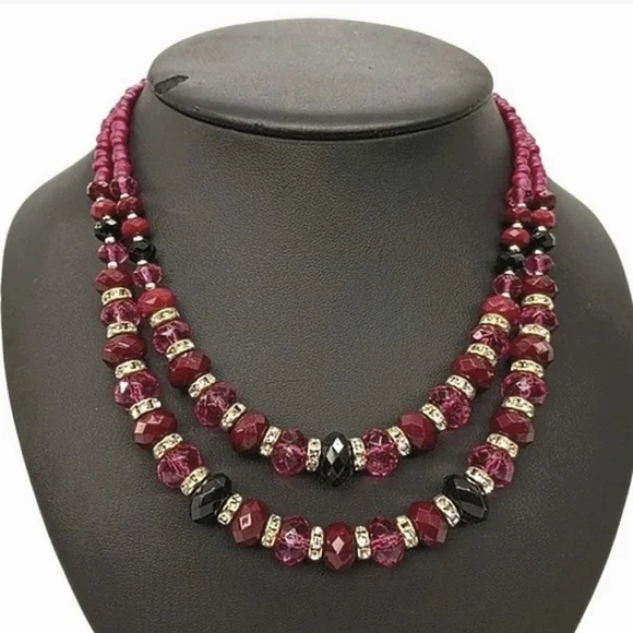 Vintage Designer Necklace - Shimmering Berry Crystal Double Strand - Picture 1 of 4
